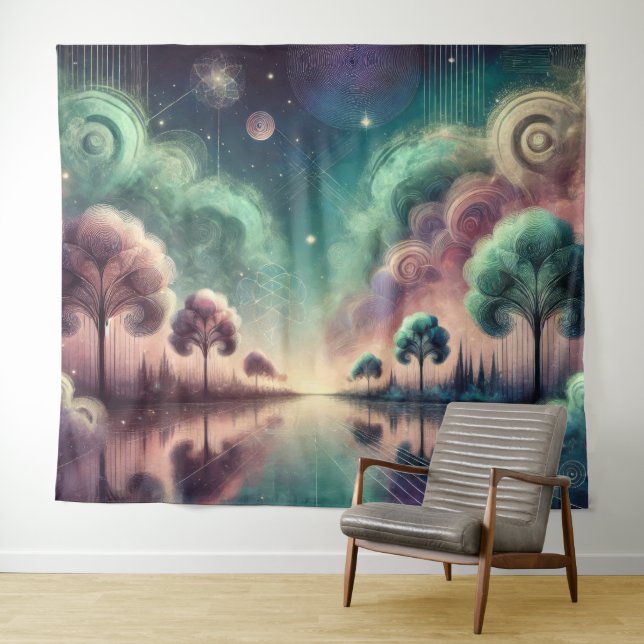 Tenture Paysage onirique d'arbres tourbillonnants et de re (En situation (horizontale))