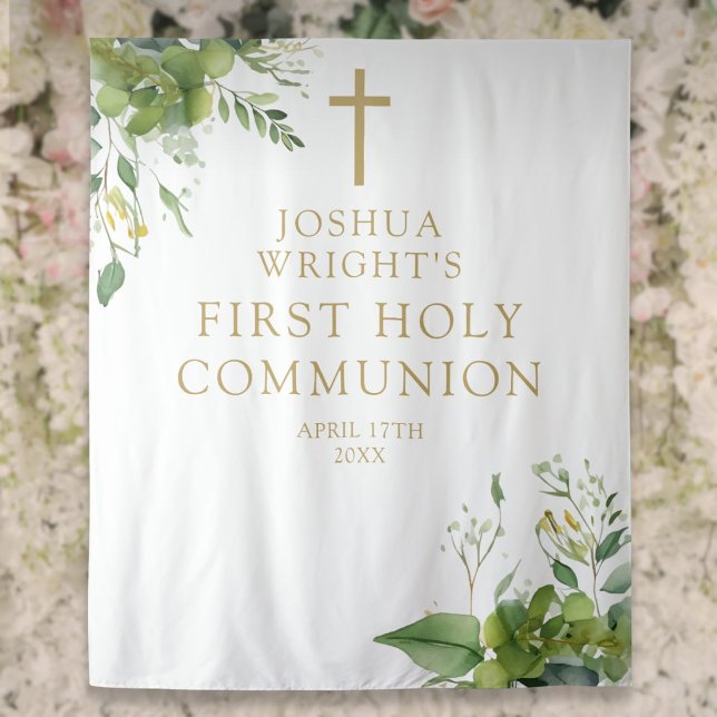 Tenture Paysage Première sainte communion Fond photo (Greenery First Holy Communion Photo Backdrop)