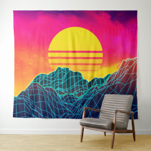 Tenture paysage Vaporwave des années 80 avec des montagnes