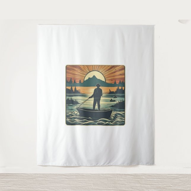 Tenture Pêche Rétro Pêche Poisson Sunset Bateau (Devant)
