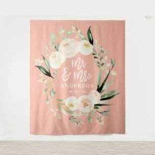 Tenture Pêche + vert M & Mme mariage floral aquarelle