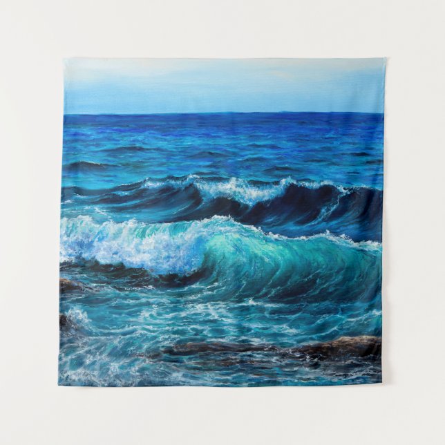 Tenture Peinture à l'huile montrant des vagues dans l'océa (Devant)