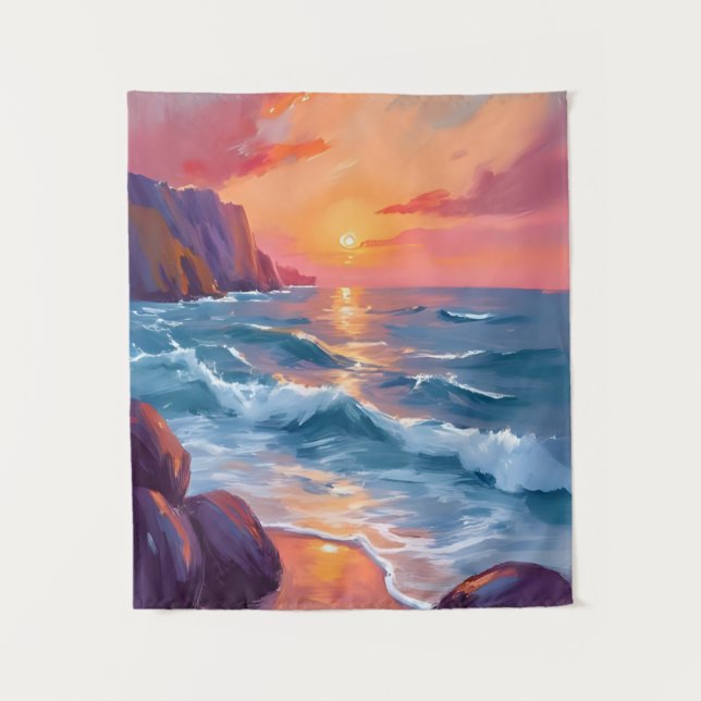Tenture Peinture aquarelle de la plage aux vagues de l'océ (Devant)