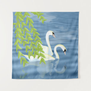 Tenture Peinture Couple bleu et vert de cygnes sur le lac