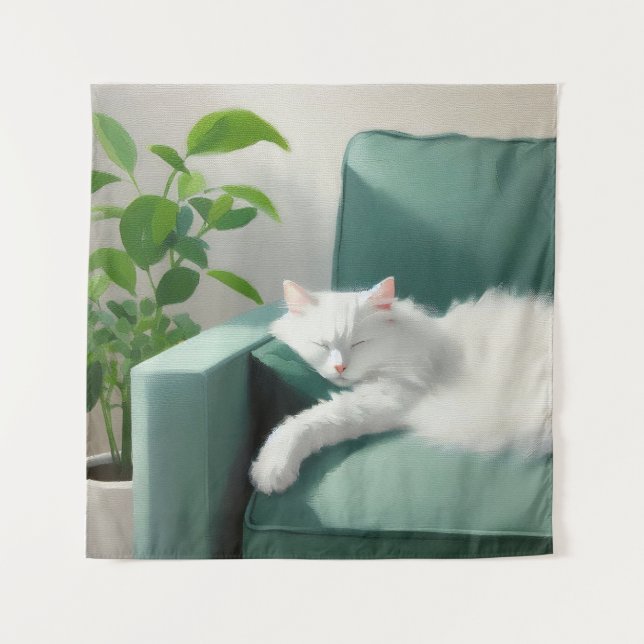 Tenture Peinture de chat dormant sur un canapé vert (Devant)