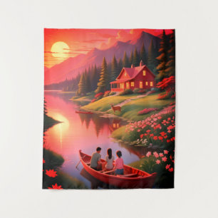 Tenture Peinture de coucher de soleil avec un lac et un co