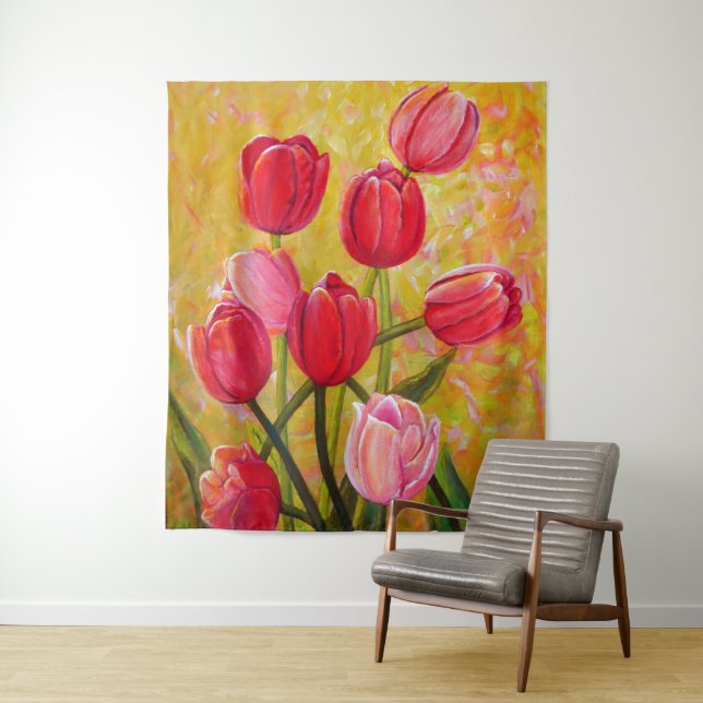 Tenture Peinture de tulipes roses et rouges (En situation)