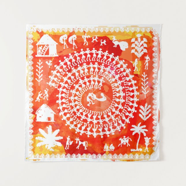 Tenture Peinture Warli - main dessinée traditionnelle l'An (Devant)