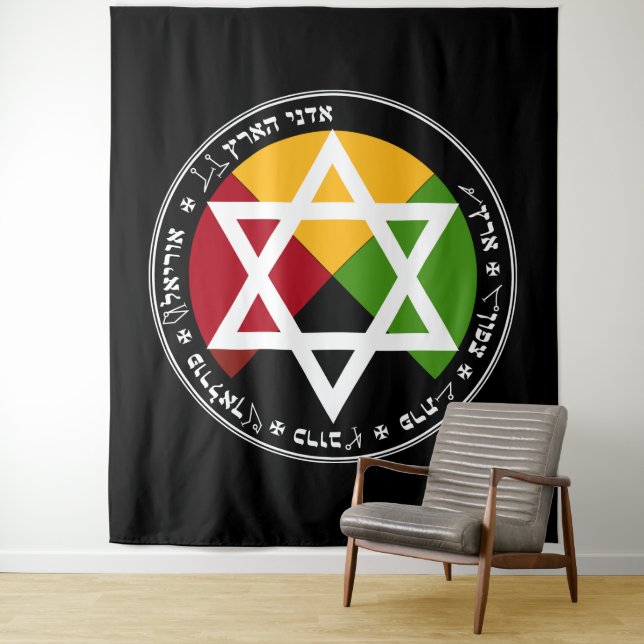 Tenture Pentacle de la Terre de l'Aube Dorée sur Fond Noir (En situation)
