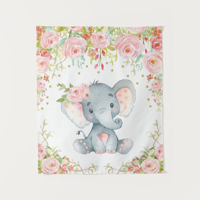 Tenture Pépinière d'éléphant Floral Rose Or Bébé Décor pou (Devant)