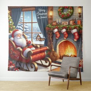 Tenture Père Noël en suspension par fond de cheminée