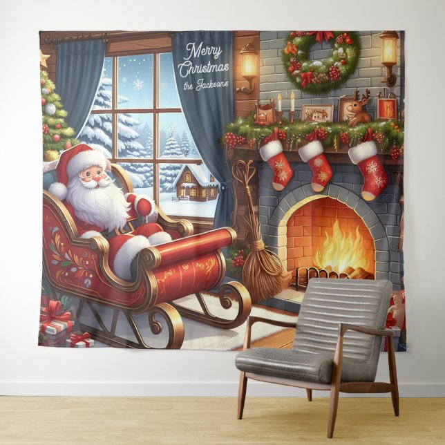Tenture Père Noël en suspension par fond de cheminée (En situation (horizontale))