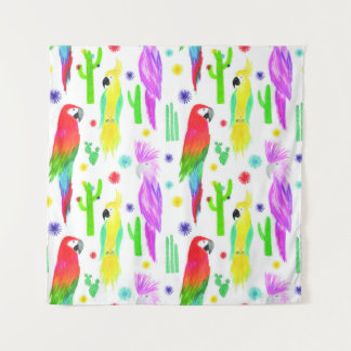 Tenture Perroquets colorés, motif dessiné à la main.