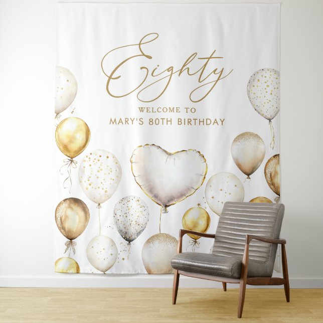 Tenture Personalised 80th Birthday Script Gold Balloon (En situation)