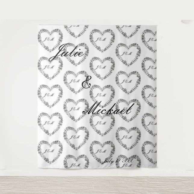 Tenture Personalize Wedding Backdrop Black and White Heart (Devant)