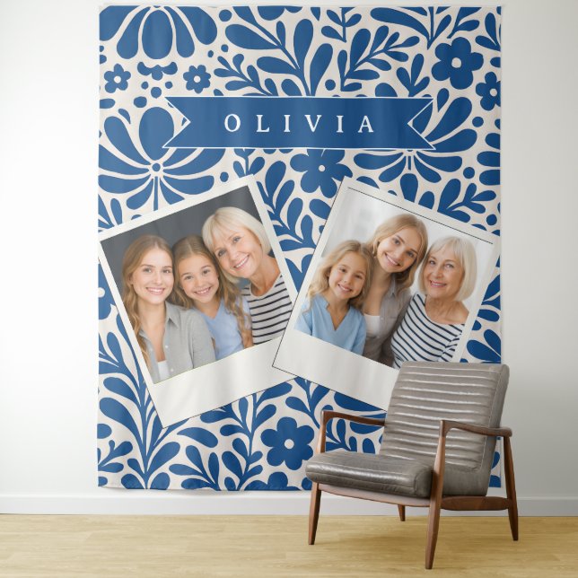 Tenture Personalized Blue Folk Floral Nordic Custom (En situation)