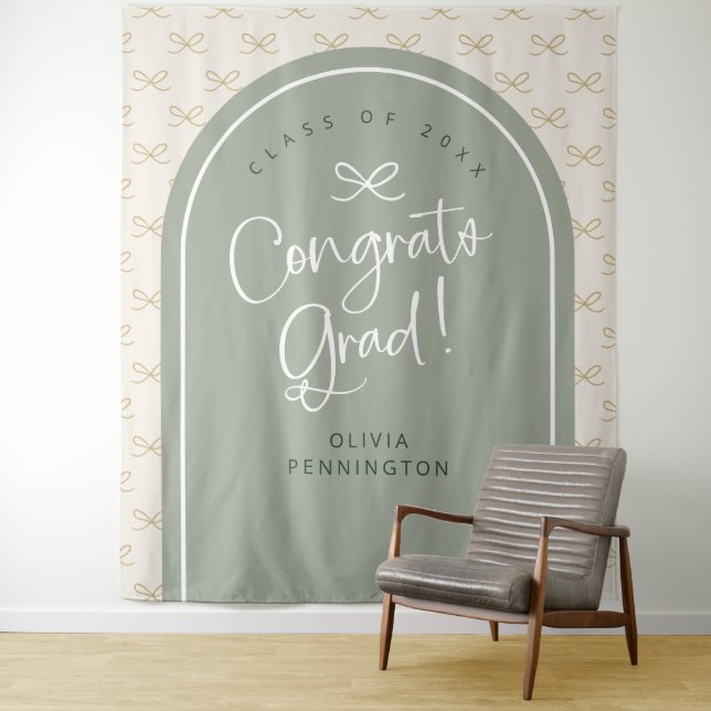 Tenture Personnalisé Sage Bow Congrats Grad Photo Contexte (En situation)
