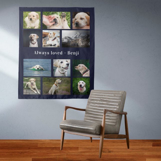 Tenture Pet Lover Keepsaké (Pet photo collage tapestry wall hanging with dark blue background.)
