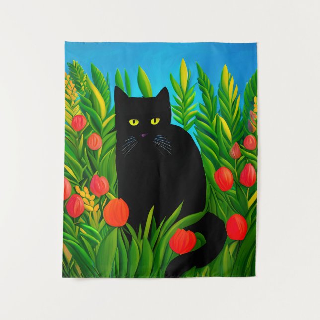 Tenture Petit chat noir dans un jardin de tulipes (Devant)