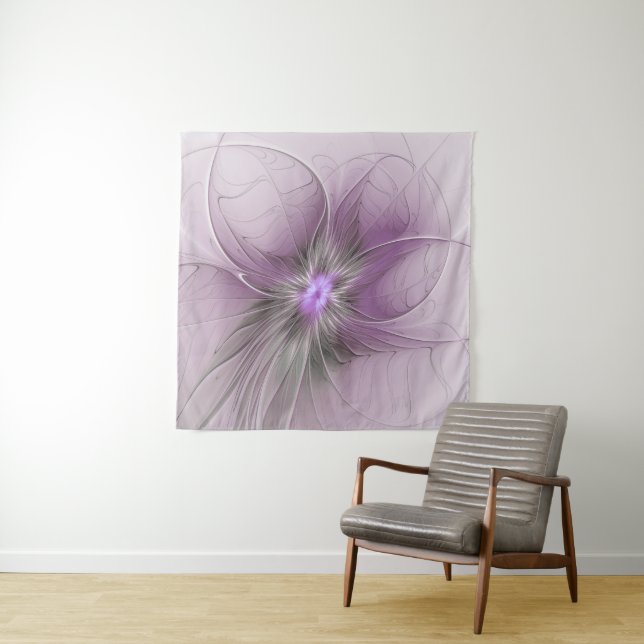 Tenture Petite Beauté Moderne Gris Mauve Art Fractal Fleur (En situation)