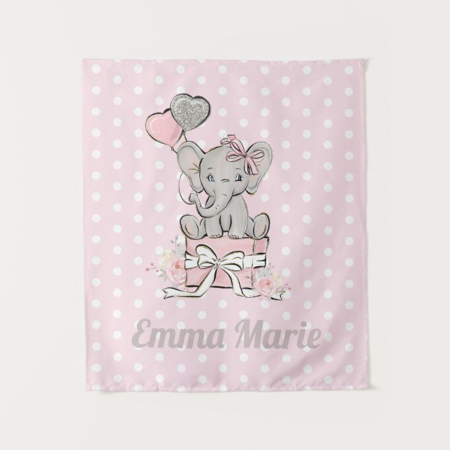 Tenture Petite Fille Éléphant Ballons Roses Argent Nom (Devant)