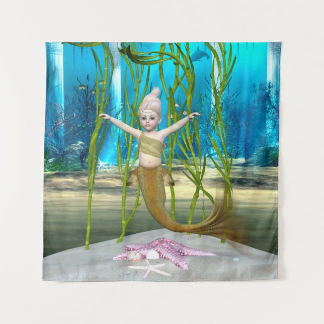 Tenture Petite Sirène Fantaisie Fille, Océan Bleu (Devant)