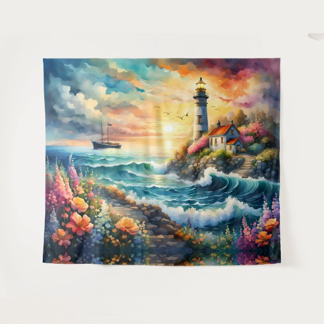 Tenture Phare Jardin floral sur la mer (Devant (Horizontal))