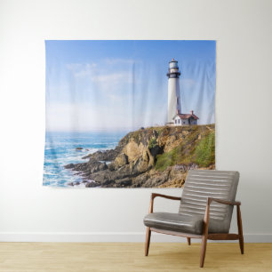 Tenture Phare sur colline ciel bleu maison blanche océan