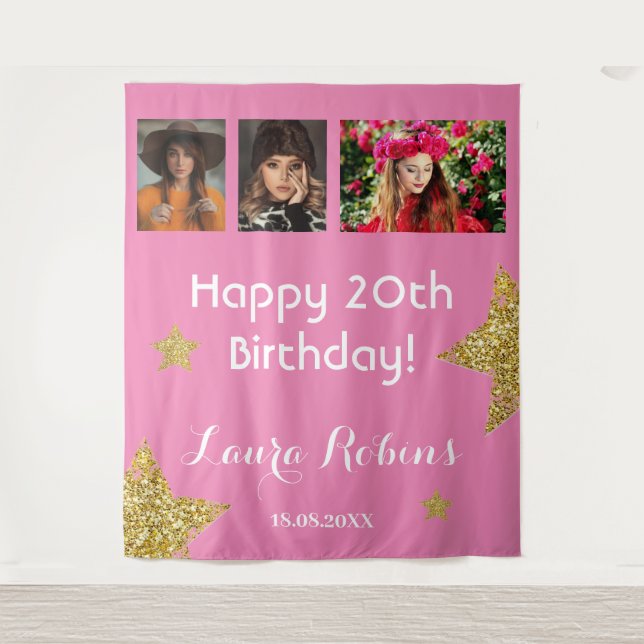 Tenture Photo Collage 20th Birthday Party Gold fond (Devant)