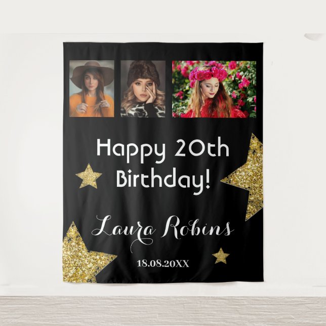 Tenture Photo Collage 20th Birthday Party Gold fond (Devant)