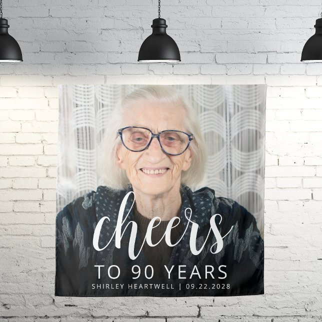 Tenture Photo de fête des 90 ans écriture blanche Cheers (Créateur téléchargé)