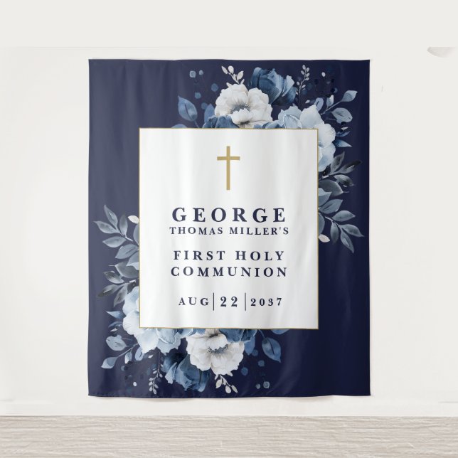Tenture Photo de fond de la communion bleu floral de la Ma (Devant)