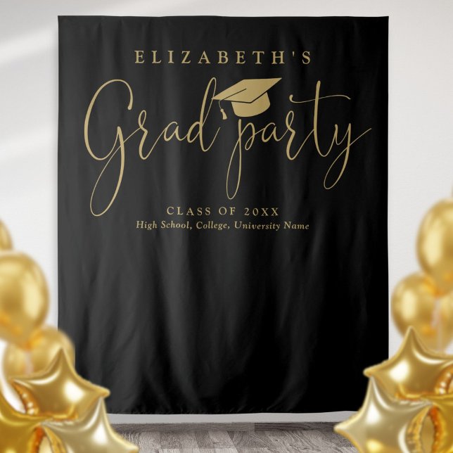 Tenture Photo de fond de la fête de graduation en noir et  (Black And Gold Graduation Party Photo Backdrop)