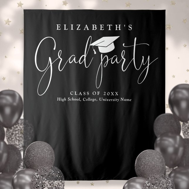 Tenture Photo de la fête de graduation noire et blanche (Black And White Graduation Party Photo Backdrop)