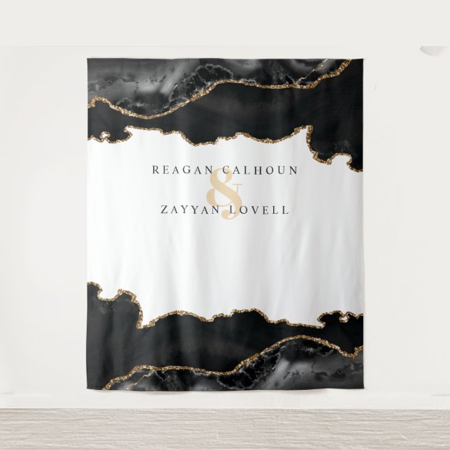 Tenture Photo de mariage moderne en agate marbrée noire et (Devant)