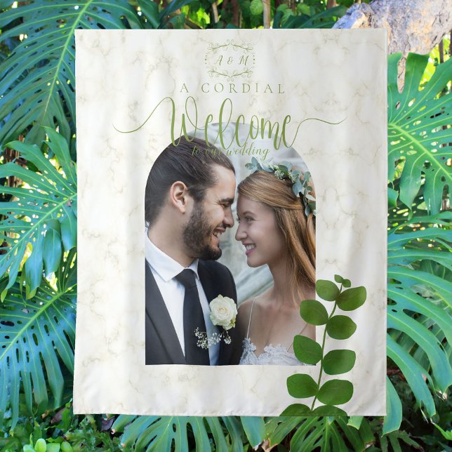 Tenture Photo de mariage vert chic (Chic Green Wedding Tapestry Design.)