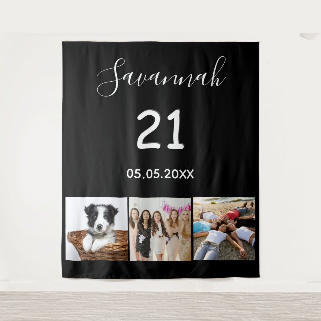 Tenture photo de nom noir pour fête d'anniversaire 21 ans (Devant)