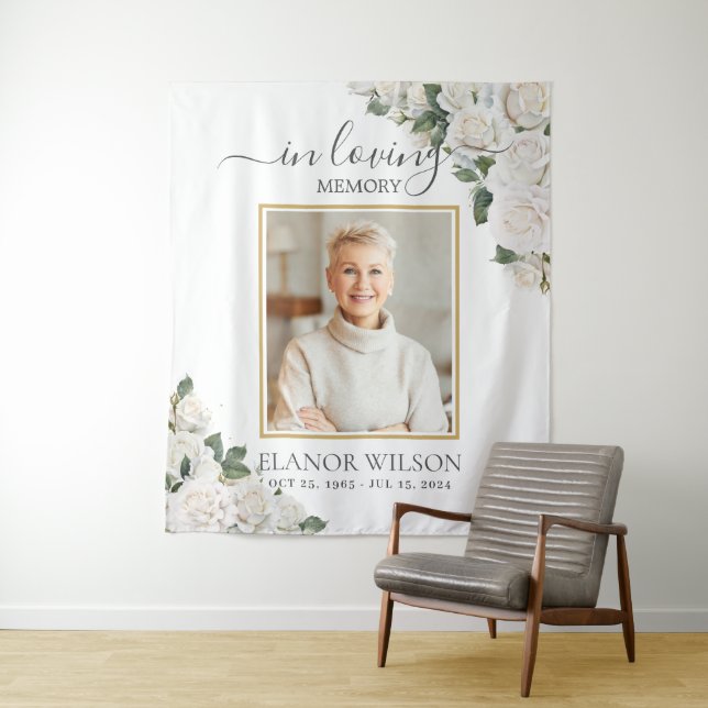 Tenture Photo de roses blanches florales en souvenir affec (En situation)