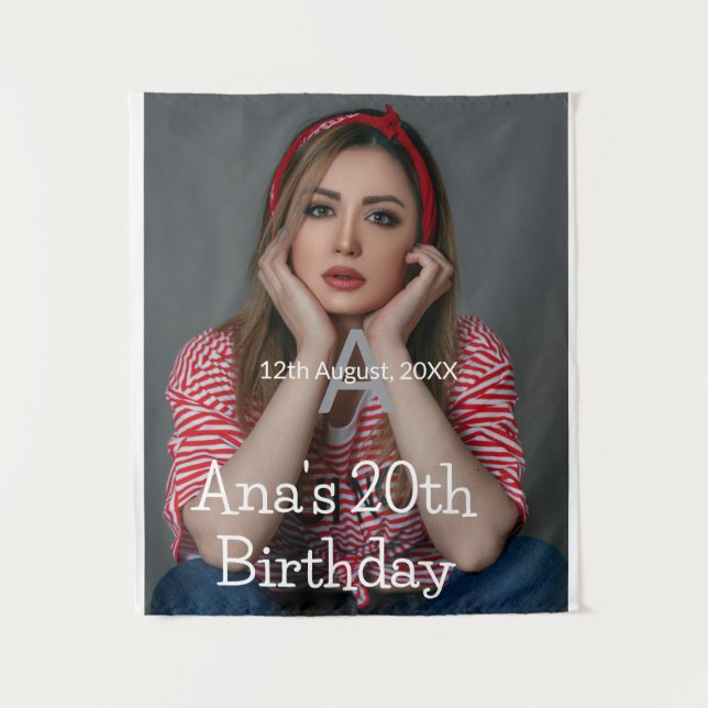 Tenture Photo monogramme joyeux 20e anniversaire gris blan (Devant)