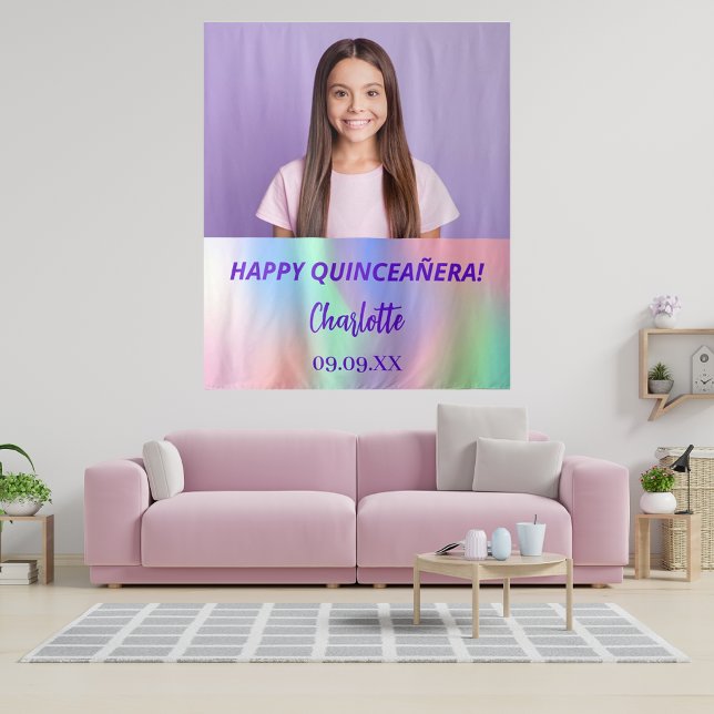 Tenture Photo personnalisée holographique Quinceanera fête (Créateur téléchargé)