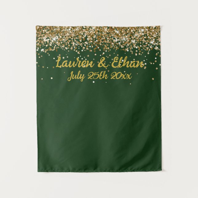 Tenture Photobooth de mariage personnalisé vert foncé or g (Devant)