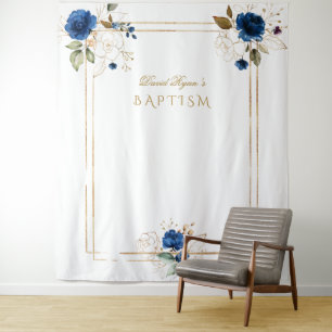 Tenture Photobooth Élégant Fleur Bleu Or Baptême Garçon