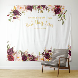 Tenture Photobooth Mariage Floral Bourgogne Or
