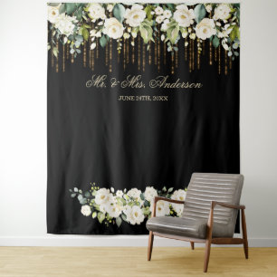 Tenture Photomaton de mariage noir à fleurs blanches uniqu