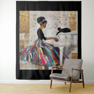 Tenture Pianiste noire en feuille d'or et chat