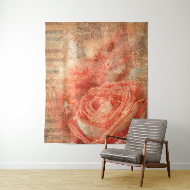 Tenture Piano et violon avec notes musicales et rose (En situation)
