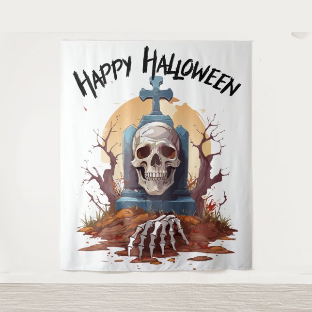 Tenture Pierres et squelette de tête joyeux Halloween (Devant)