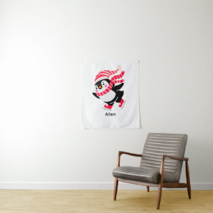 Tenture Pingouin de Noël dans un Casquette et écharpe sur