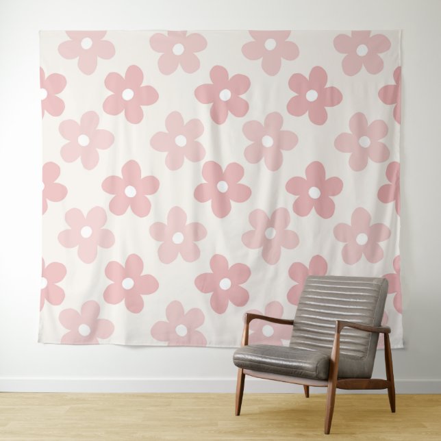 Tenture Pink Cream Daisy Flowers Retro Pattern (En situation (horizontale))