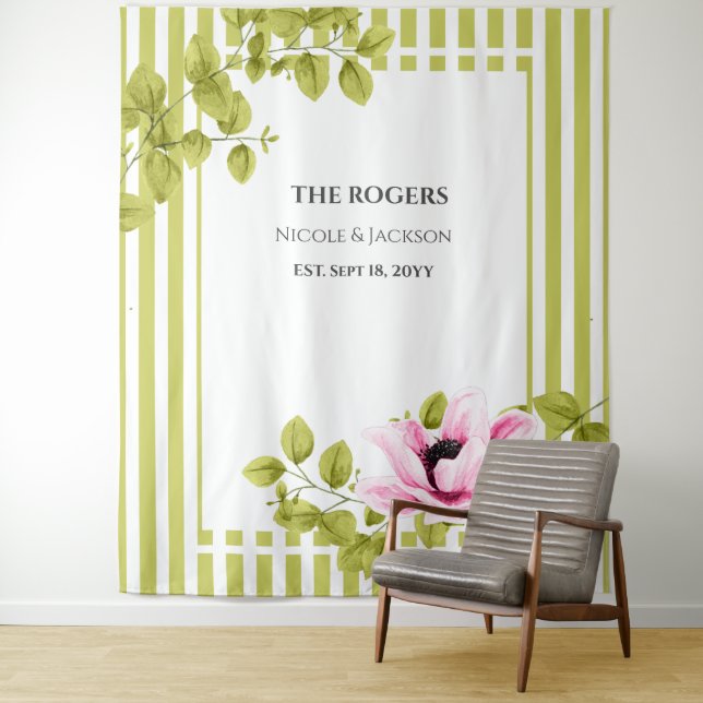 Tenture Pink Floral Green Stripes Photo fond Mariage (En situation)